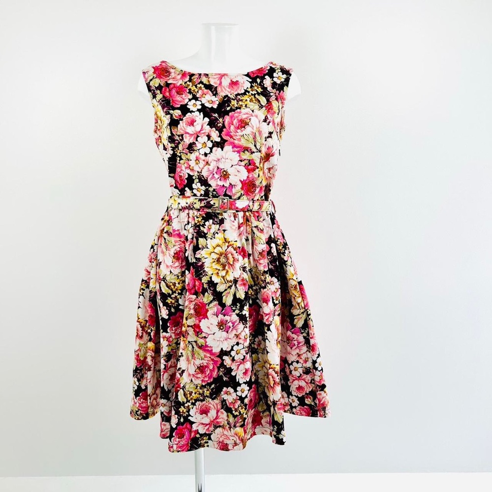 Lindy Bop Audrey Womens Floral Dress UK16 Belted Fit & Flare Retro Style - Picture 4 of 8
